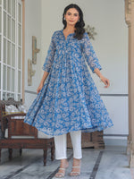 Thumbnail for Janasya Dark Chiffon Floral A-Line Kurta