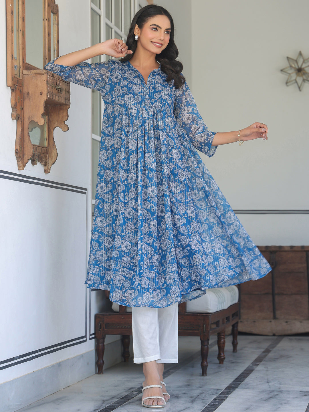 Janasya Dark Chiffon Floral A-Line Kurta