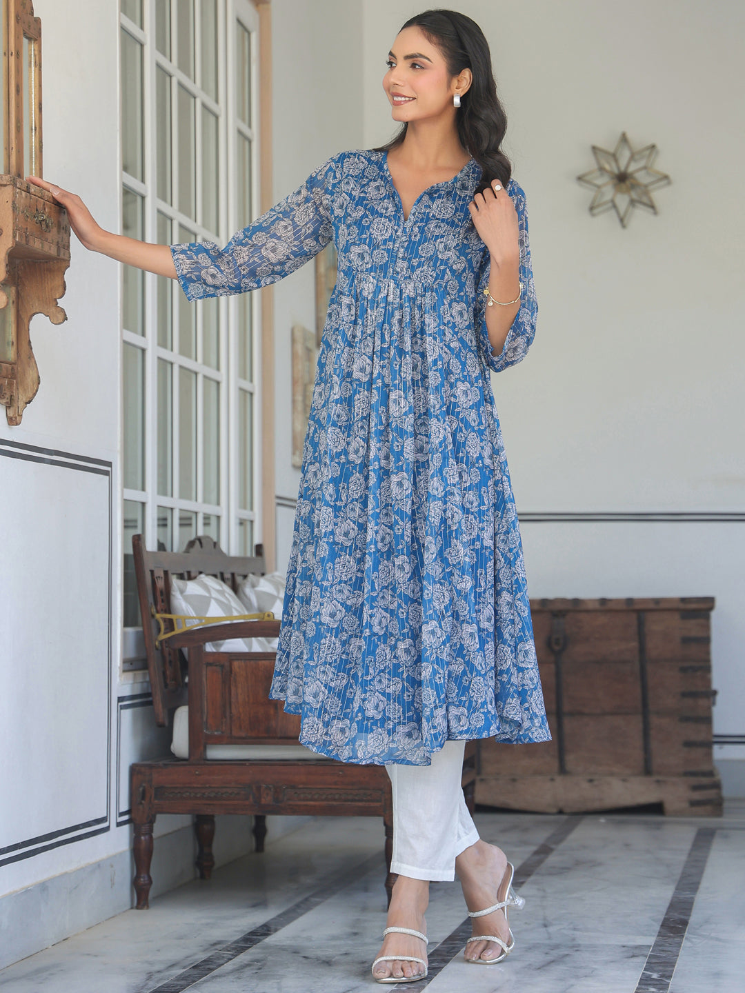Janasya Dark Chiffon Floral A-Line Kurta