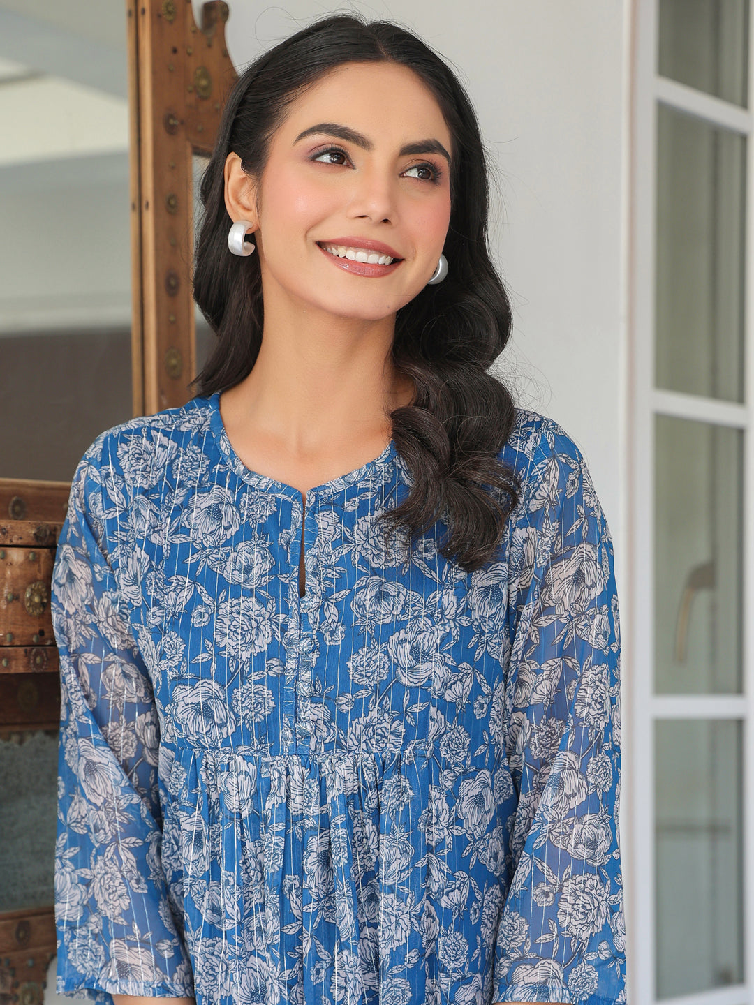Janasya Dark Chiffon Floral A-Line Kurta