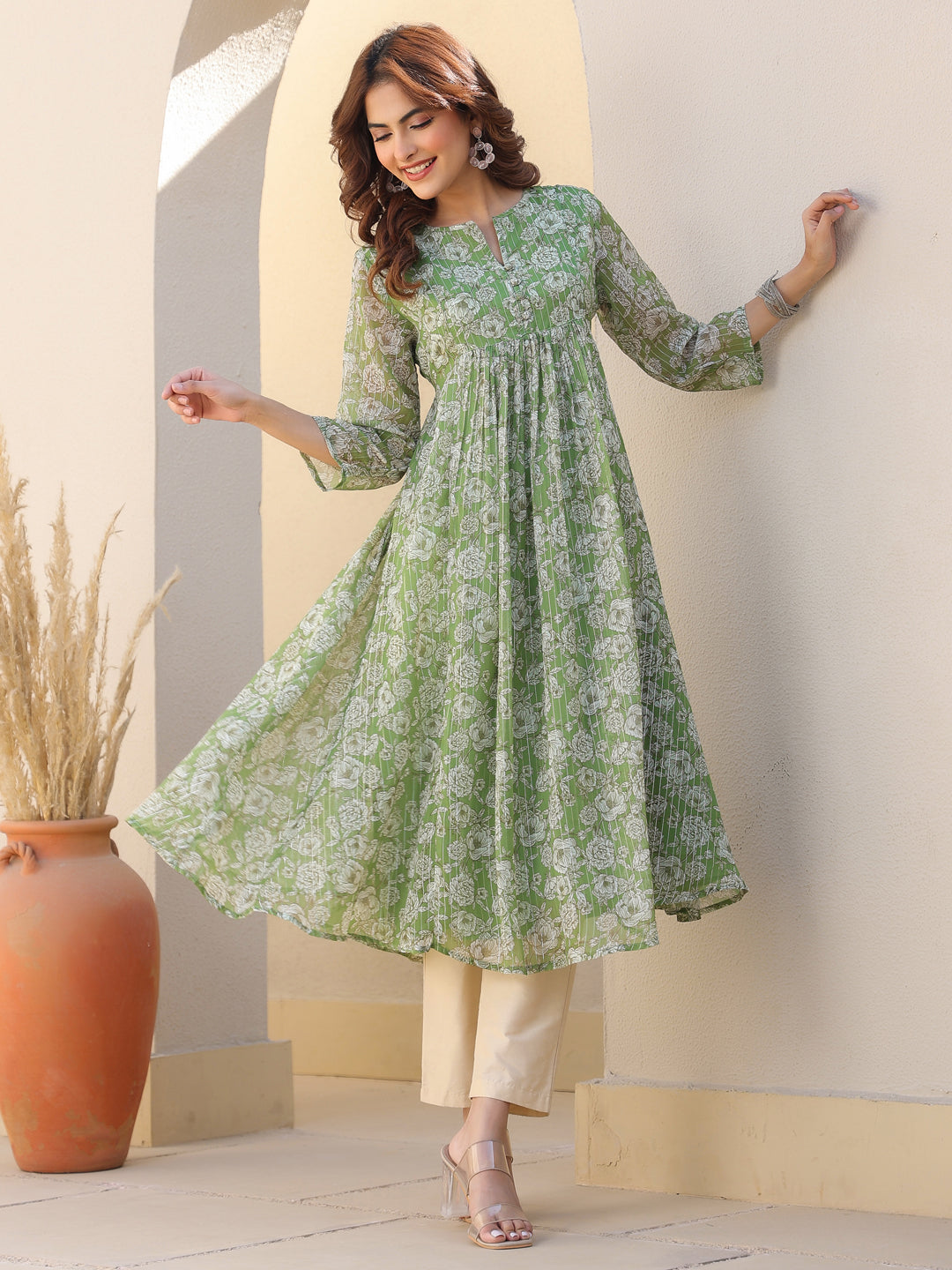 Janasya Dark Chiffon Floral A-Line Kurta