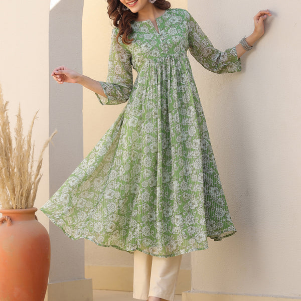 Janasya Dark Chiffon Floral A-Line Kurta