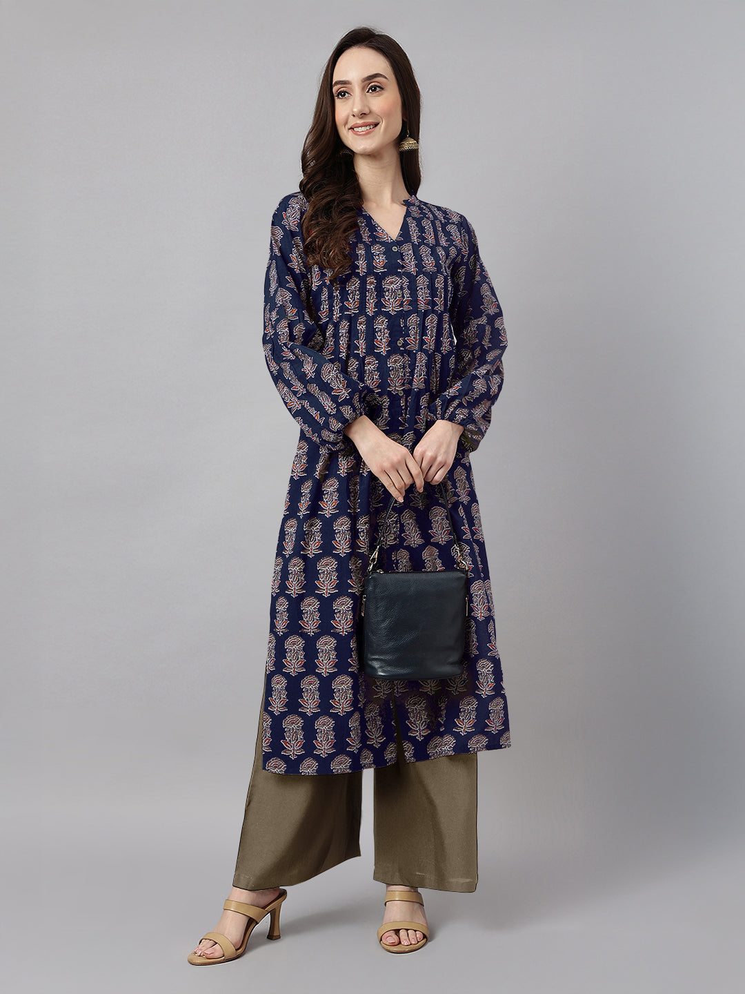 Janasya Dark Cotton Floral A-Line Kurta