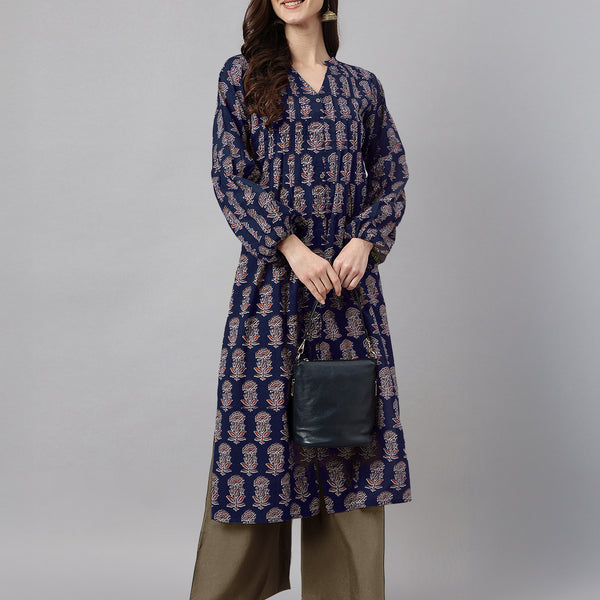 Janasya Dark Cotton Floral A-Line Kurta