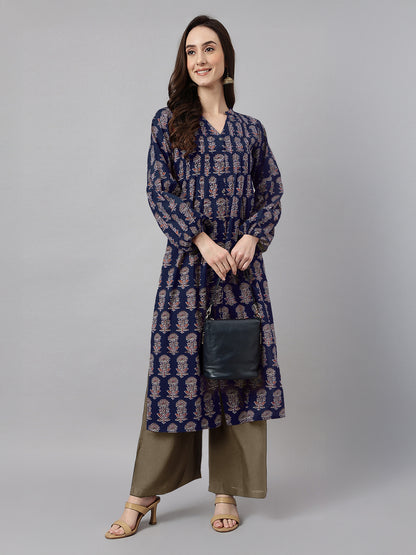 Janasya Dark Cotton Floral A-Line Kurta - Distacart