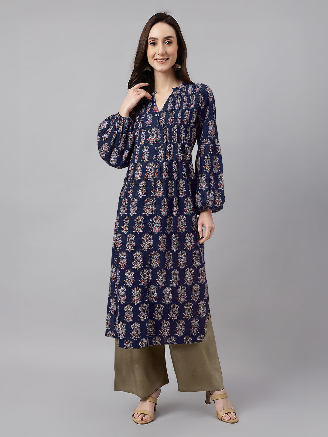 Janasya Dark Cotton Floral A-Line Kurta