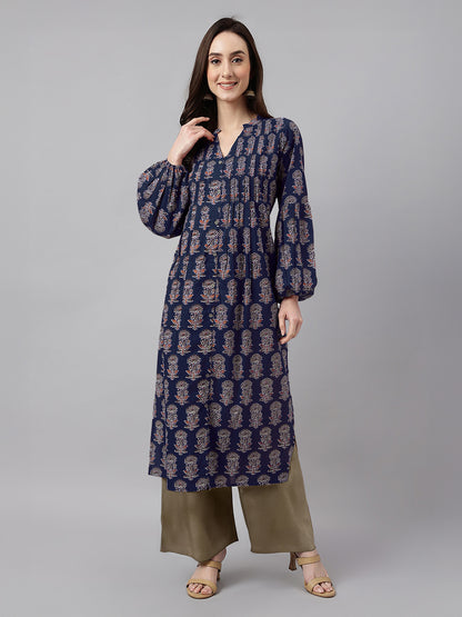 Janasya Dark Cotton Floral A-Line Kurta - Distacart