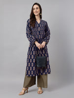 Thumbnail for Janasya Dark Cotton Floral A-Line Kurta