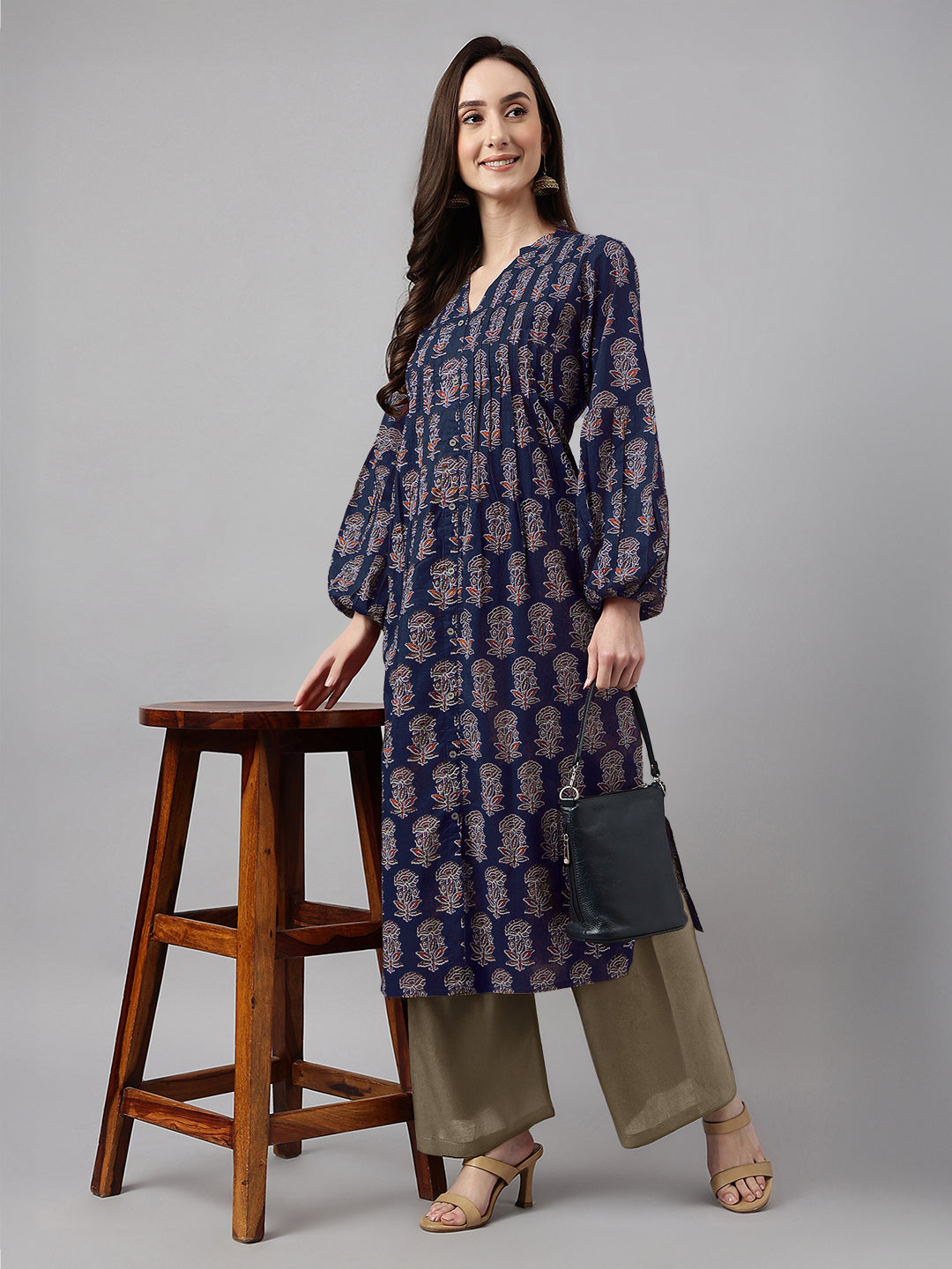 Janasya Dark Cotton Floral A-Line Kurta