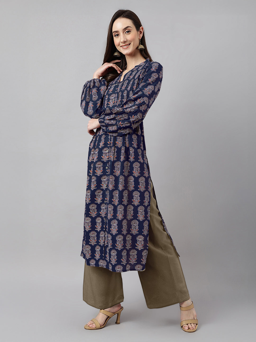 Janasya Dark Cotton Floral A-Line Kurta