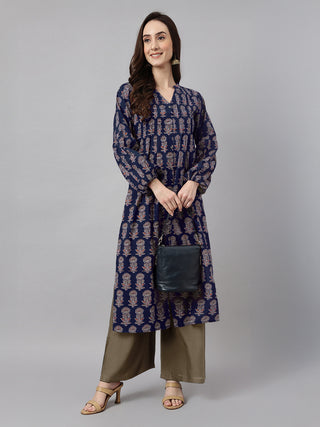Janasya Dark Cotton Floral A-Line Kurta