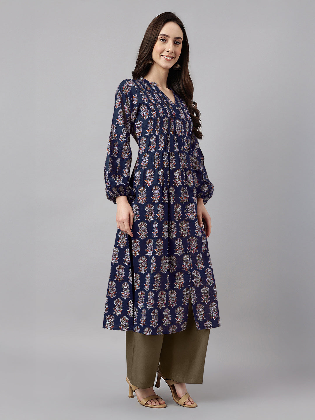Janasya Dark Cotton Floral A-Line Kurta