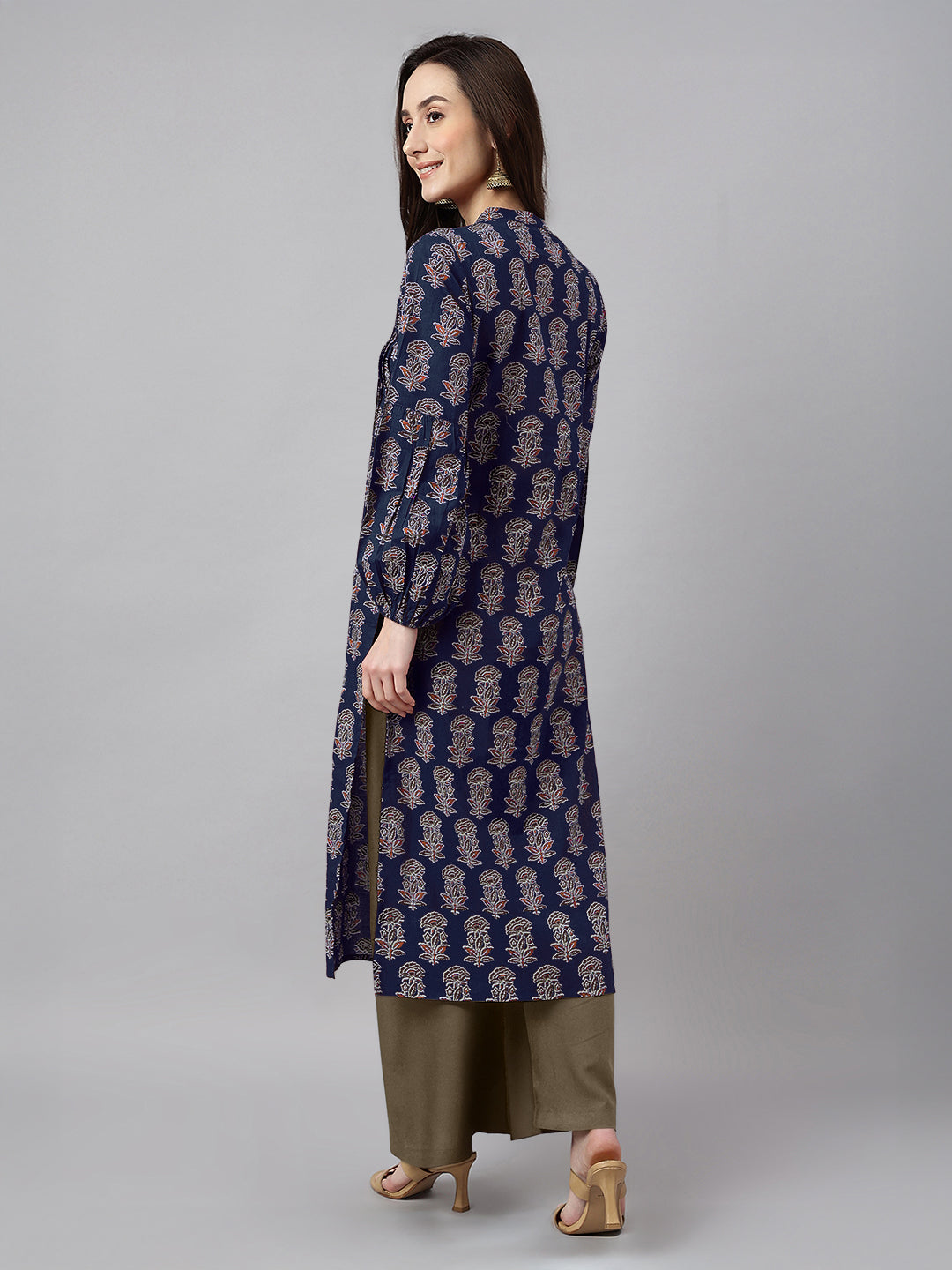 Janasya Dark Cotton Floral A-Line Kurta
