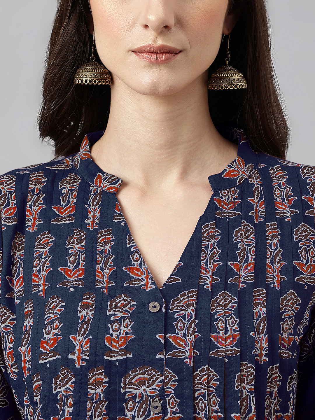 Janasya Dark Cotton Floral A-Line Kurta