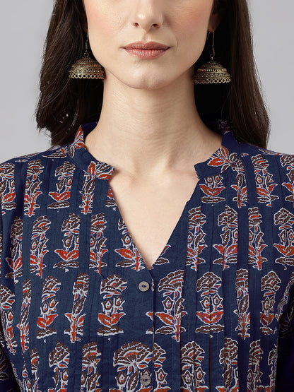 Janasya Dark Cotton Floral A-Line Kurta - Distacart