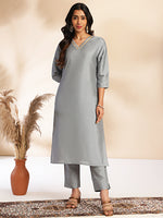 Thumbnail for Janasya Grey Crepe Silk Solid Regular Kurta Set