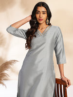 Thumbnail for Janasya Grey Crepe Silk Solid Regular Kurta Set