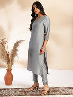 Thumbnail for Janasya Grey Crepe Silk Solid Regular Kurta Set