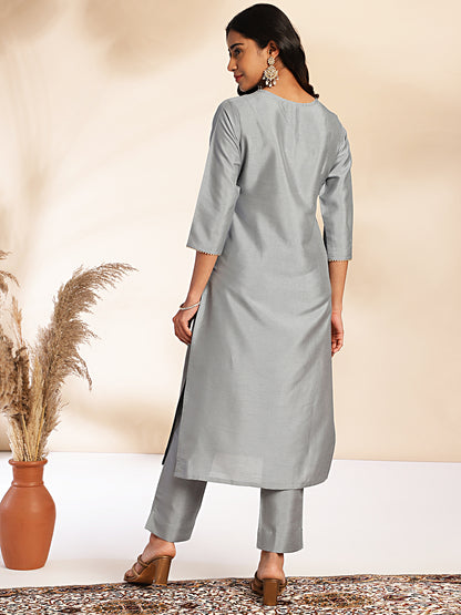 Janasya Grey Crepe Silk Solid Regular Kurta Set - Distacart