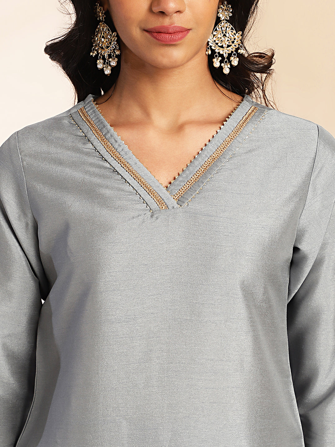 Janasya Grey Crepe Silk Solid Regular Kurta Set - Distacart