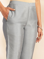 Thumbnail for Janasya Grey Crepe Silk Solid Regular Kurta Set