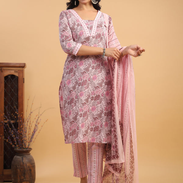 Janasya Light Cotton Floral Straight Kurta Set