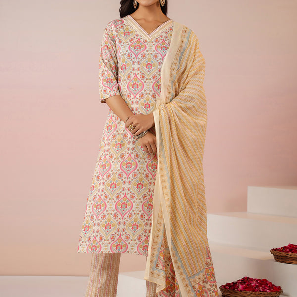 Janasya Beige Cambric Ethnic Motifs Kurta,Bottom & Dupatta - Distacart