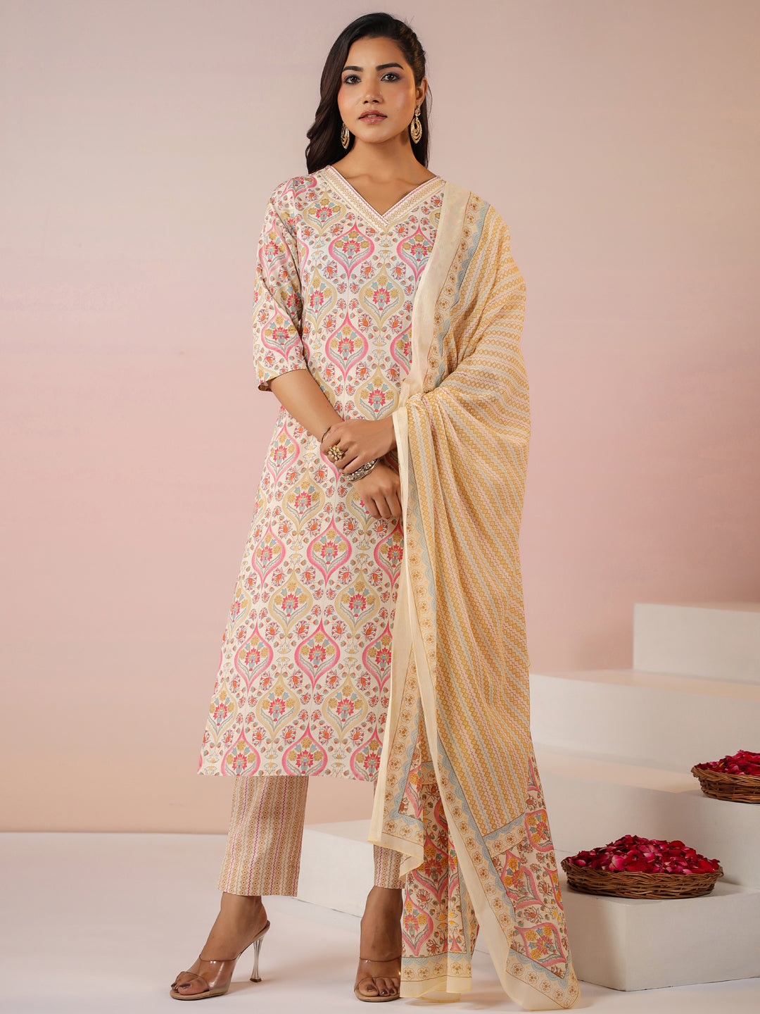 Janasya Beige Cambric Ethnic Motifs Kurta,Bottom & Dupatta - Distacart