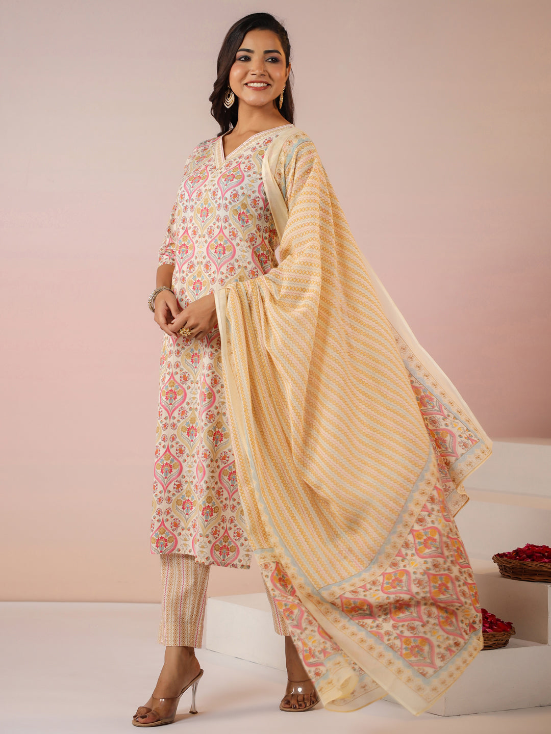 Janasya Beige Cambric Ethnic Motifs Kurta,Bottom & Dupatta - Distacart