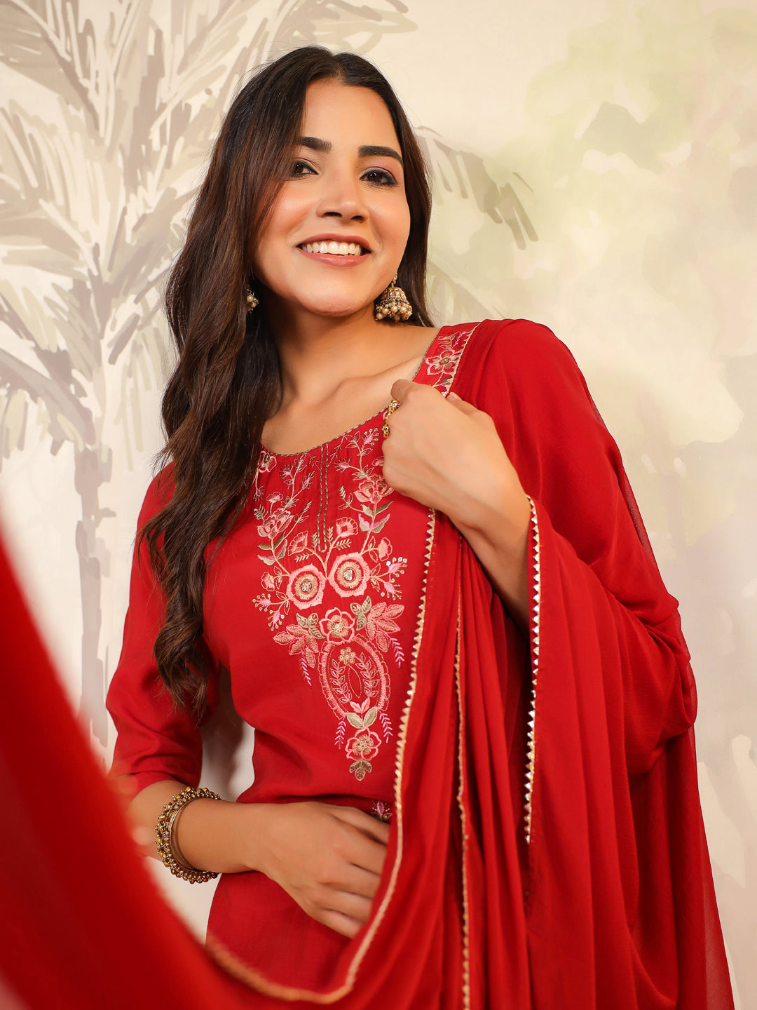 Janasya Dark Chanderi Embroidered Straight Kurta Set