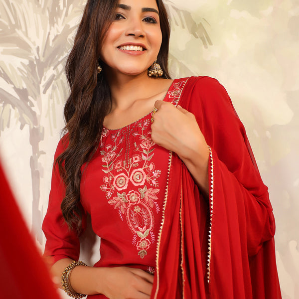 Janasya Dark Chanderi Embroidered Straight Kurta Set - Distacart