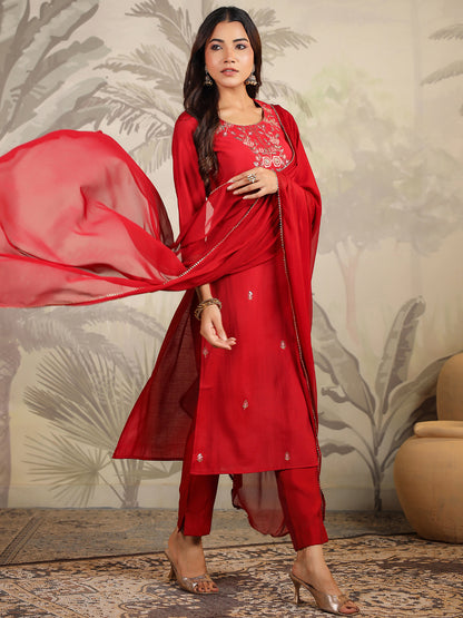 Janasya Dark Chanderi Embroidered Straight Kurta Set - Distacart