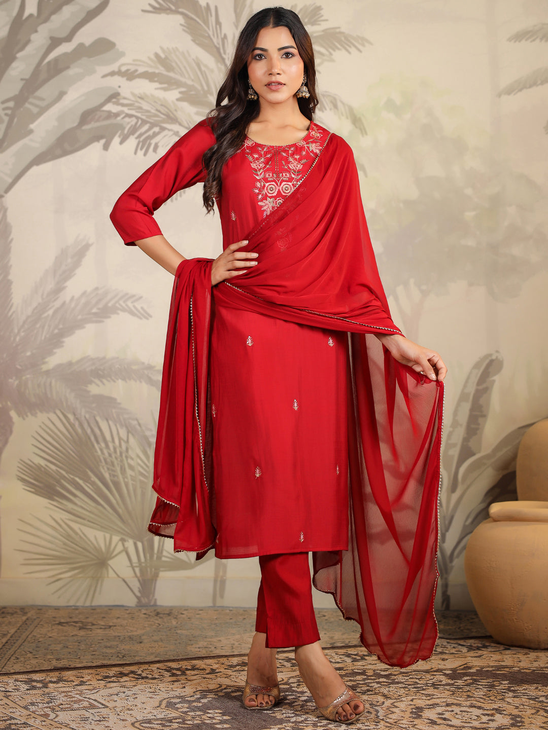 Janasya Dark Chanderi Embroidered Straight Kurta Set