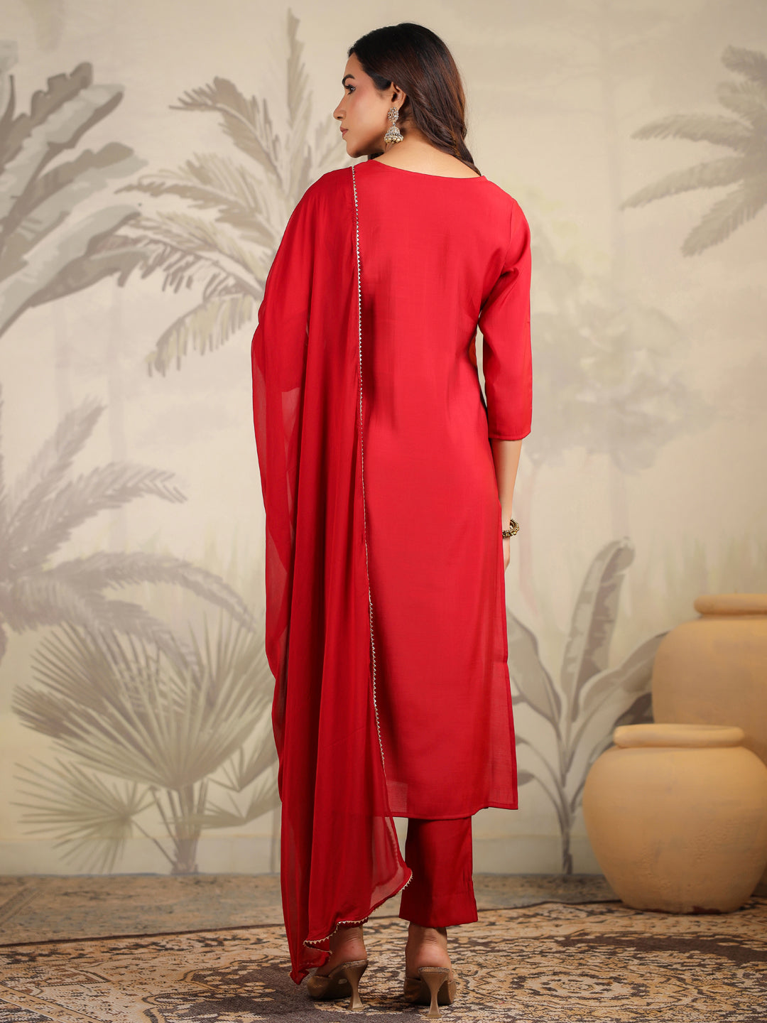 Janasya Dark Chanderi Embroidered Straight Kurta Set