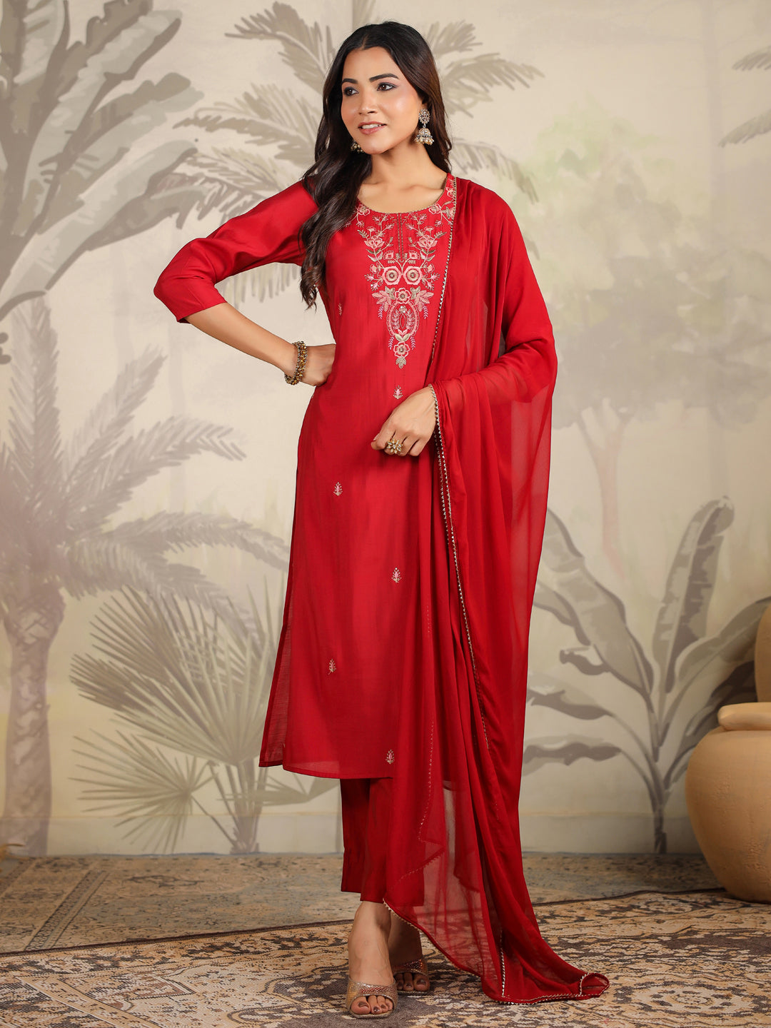 Janasya Dark Chanderi Embroidered Straight Kurta Set - Distacart