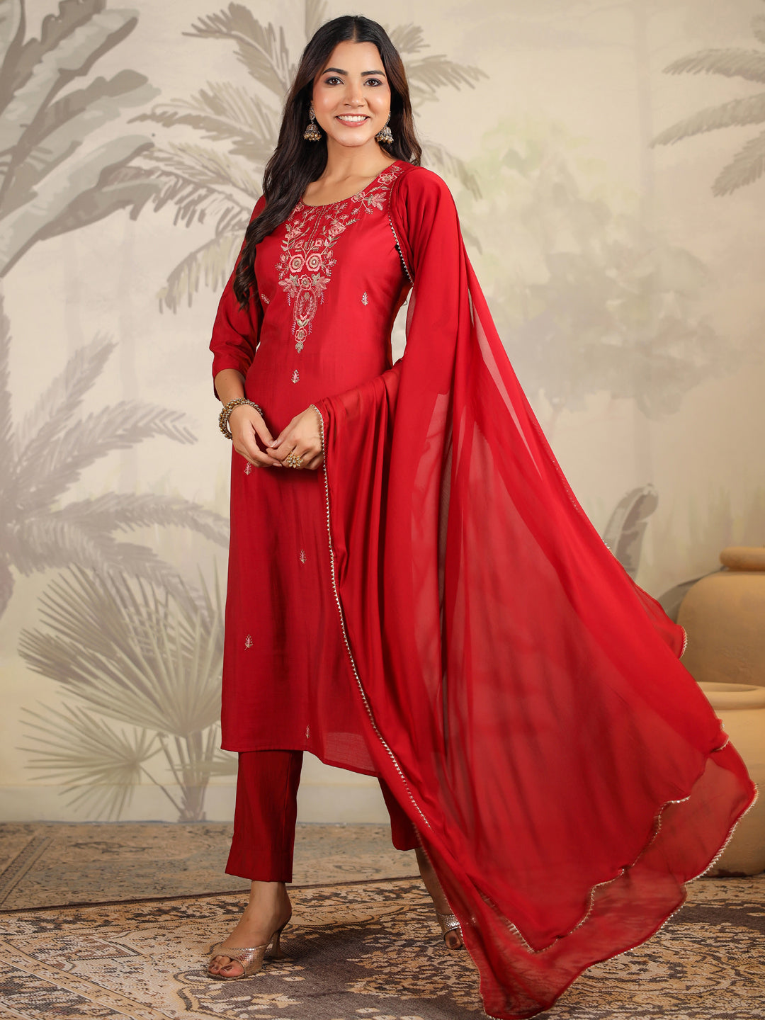 Janasya Dark Chanderi Embroidered Straight Kurta Set