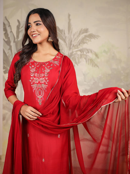 Janasya Dark Chanderi Embroidered Straight Kurta Set - Distacart