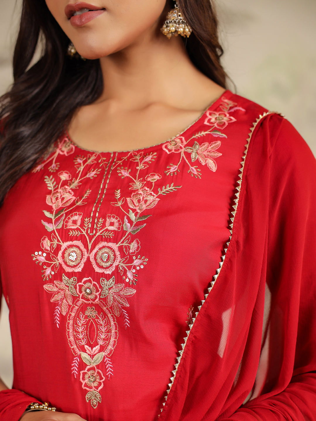 Janasya Dark Chanderi Embroidered Straight Kurta Set