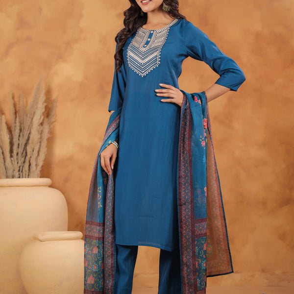 Janasya Dark Silk Blend Yoke Embroidery Straight Kurta Set
