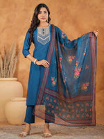 Thumbnail for Janasya Dark Silk Blend Yoke Embroidery Straight Kurta Set