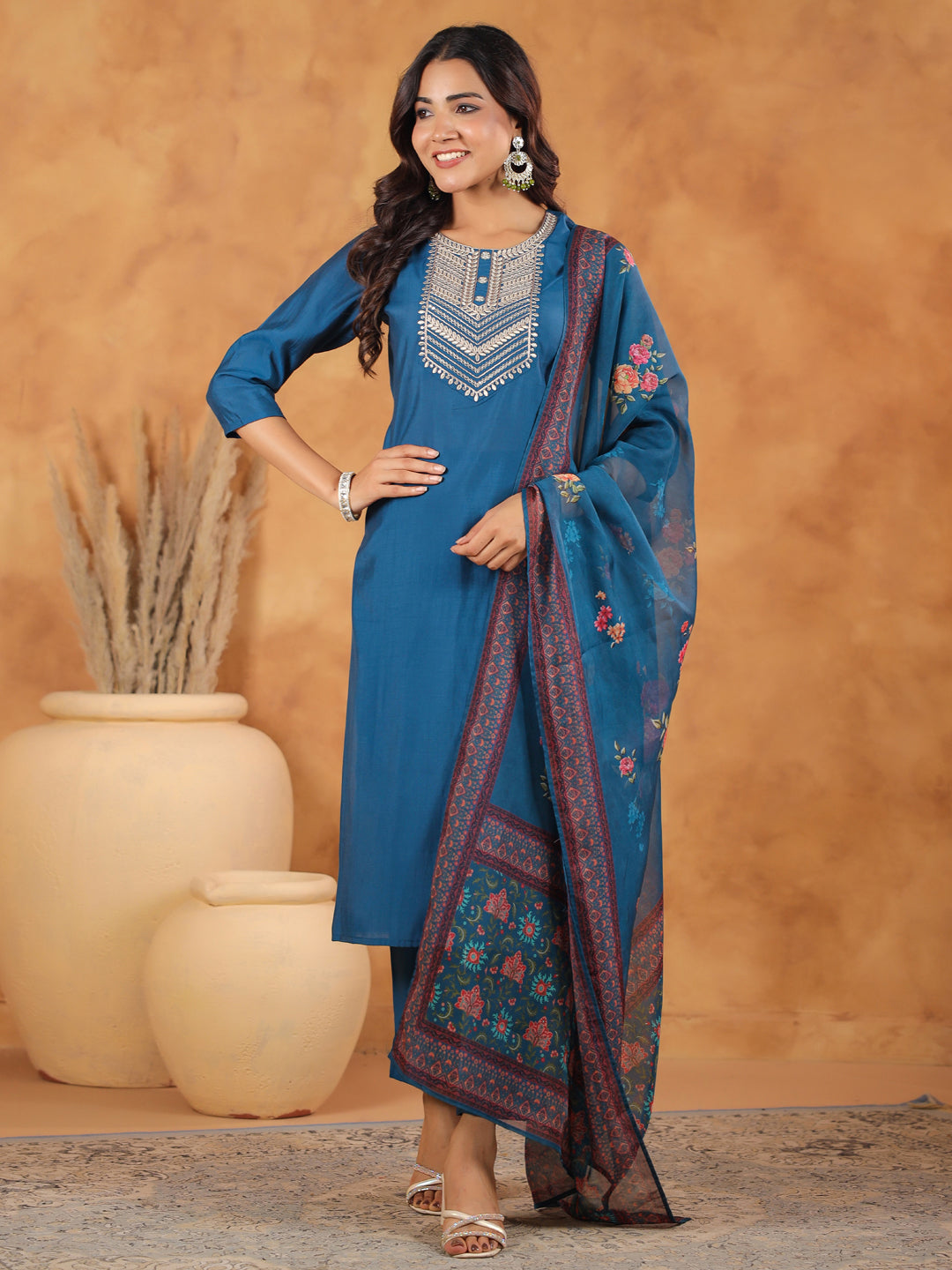 Janasya Dark Silk Blend Yoke Embroidery Straight Kurta Set