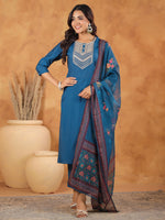 Thumbnail for Janasya Dark Silk Blend Yoke Embroidery Straight Kurta Set