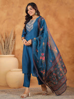 Thumbnail for Janasya Dark Silk Blend Yoke Embroidery Straight Kurta Set
