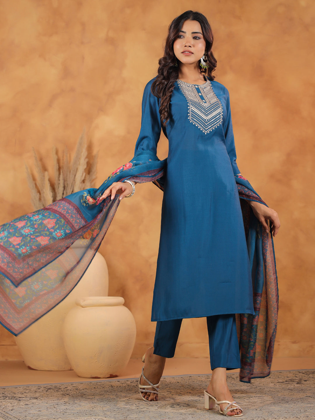 Janasya Dark Silk Blend Yoke Embroidery Straight Kurta Set