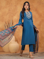 Thumbnail for Janasya Dark Silk Blend Yoke Embroidery Straight Kurta Set