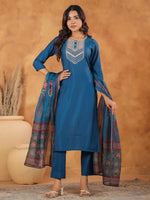 Thumbnail for Janasya Dark Silk Blend Yoke Embroidery Straight Kurta Set