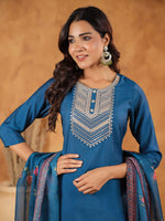 Thumbnail for Janasya Dark Silk Blend Yoke Embroidery Straight Kurta Set