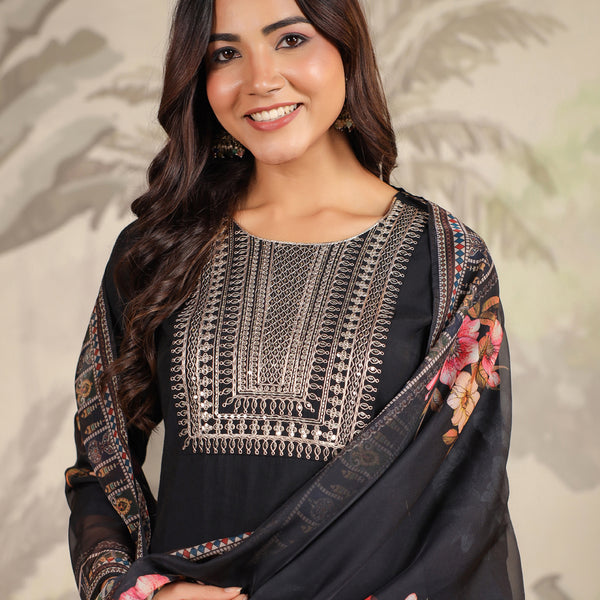 Janasya Dark Chanderi Yoke Embroidery Straight Kurta Set