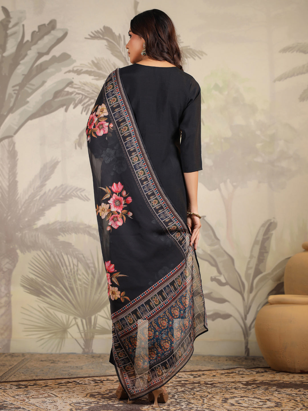 Janasya Dark Chanderi Yoke Embroidery Straight Kurta Set