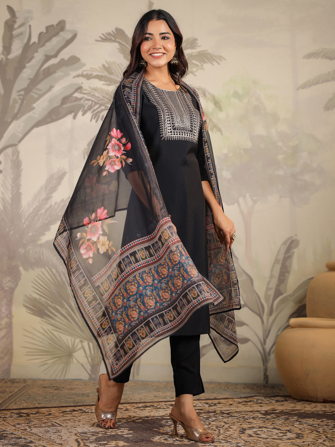 Janasya Dark Chanderi Yoke Embroidery Straight Kurta Set